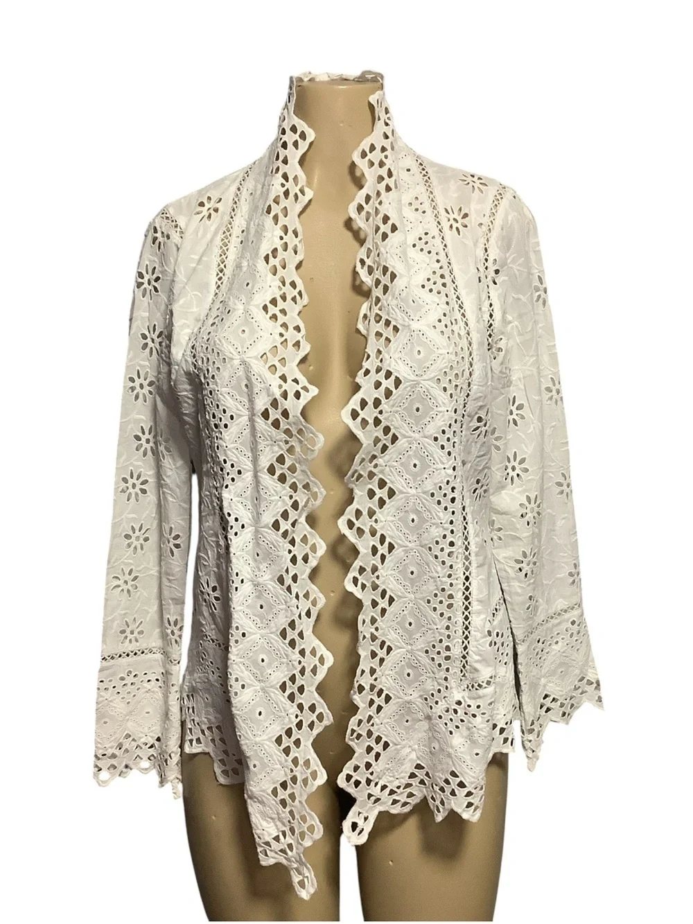 Lauren Ralph Lauren White Lace Eyelet Embroidered Open-Front Jacket Size PM